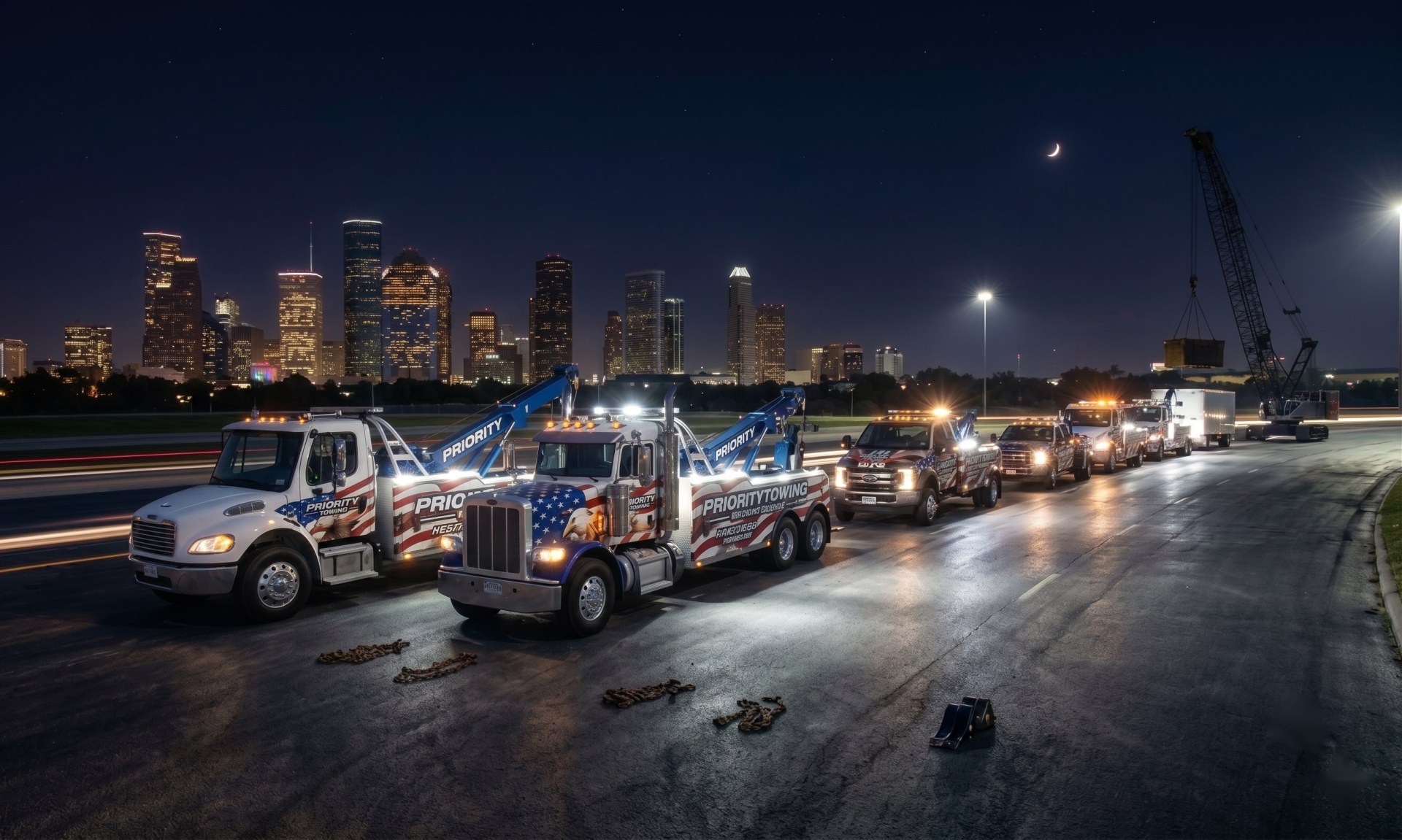 The Priority Towing fleet lined up at night with the Houston skyline